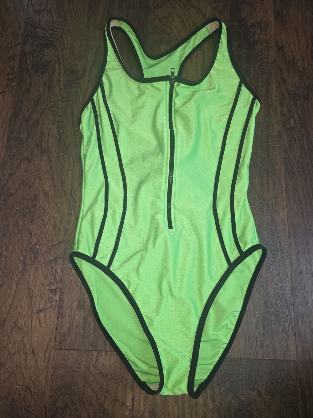Vintage Y2k Sun Streak Neon Green Contrast-Trim Front-Zip One-Piece Swimsuit